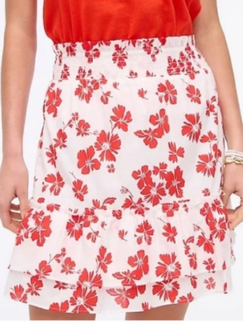 J.Crew Ruffled Smocked-Waist Mini Skirt in White Bright Cerise Floral Sz S NWT